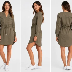 Vestido camisero estilo utilitario color caqui con cordón ajustable para mujer
