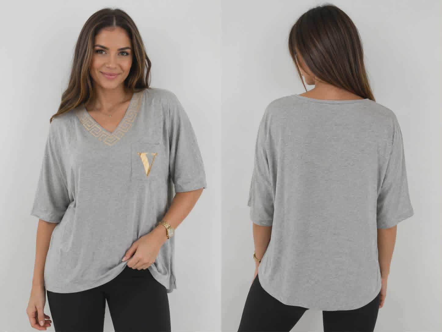 Top de mujer de corte holgado con cuello en V, ribete griego dorado y detalle de bolsillo – Gris | Talla única - Image 2