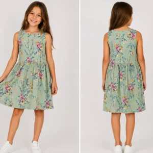 Vestido de verano floral para niña, verde menta | 8–10 años