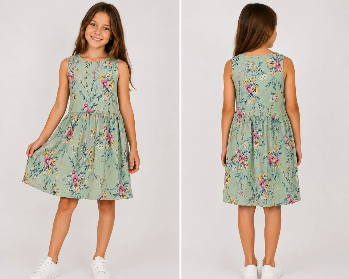 Vestido de verano floral para niña, verde menta | 8–10 años
