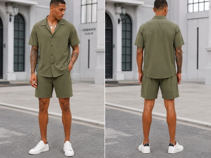 Conjunto de verano para hombre Urbanie: camisa de manga corta y pantalones cortos (caqui)