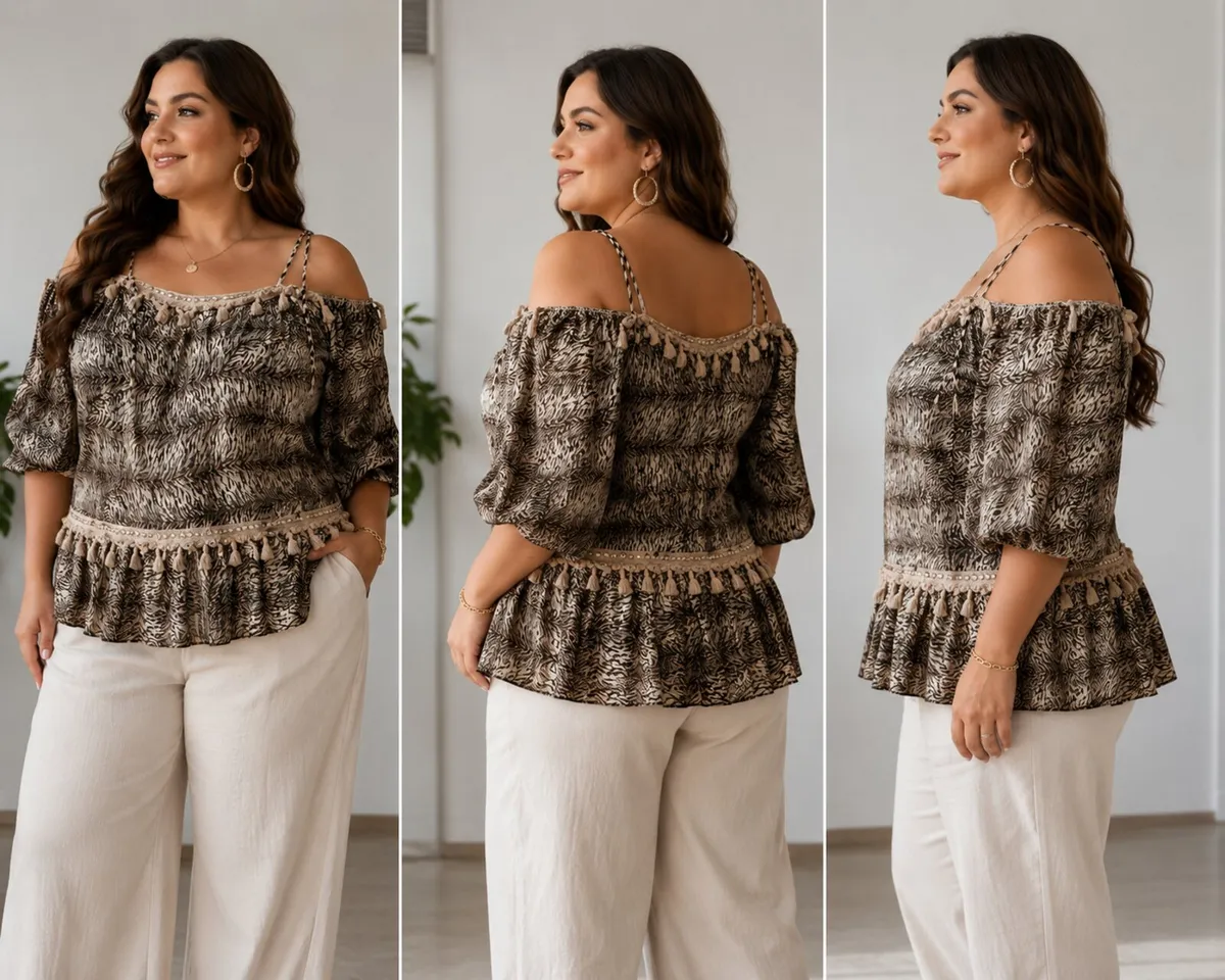 Blusa boho de talla grande con estampado animal y hombros descubiertos - Image 2