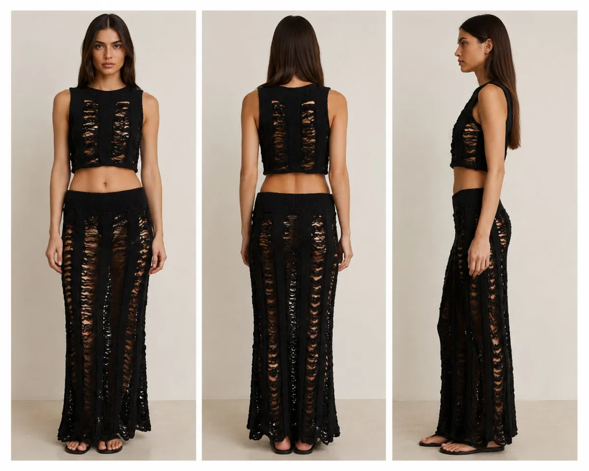 Conjunto de dos piezas de punto negro con efecto desgastado: top corto sin mangas y falda larga. - Image 2