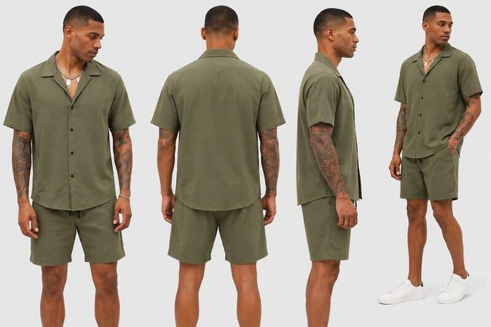 Conjunto de verano para hombre Urbanie: camisa de manga corta y pantalones cortos (caqui) - Image 2