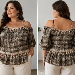 Blusa boho de talla grande con estampado animal y hombros descubiertos