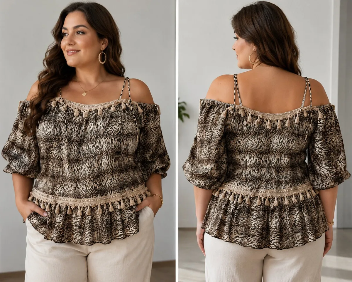 Blusa boho de talla grande con estampado animal y hombros descubiertos