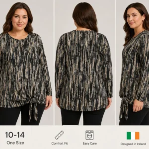 Blusa de manga larga con estampado abstracto y lazada lateral – Negro