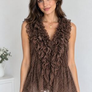 Blusa marrón con lunares blancos y volantes S