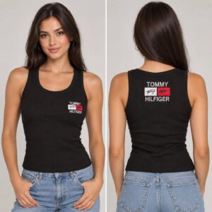Camiseta de tirantes negra de canalé para mujer Tommy Hilfiger – Detalle del logotipo