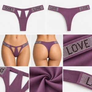 Tangas moradas para mujer con la palabra «LOVE» en pedrería