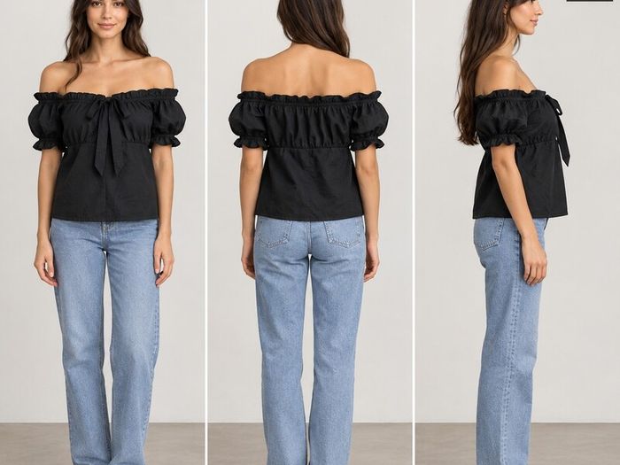 Blusa negra con hombros descubiertos, volantes y mangas abullonadas - Image 2