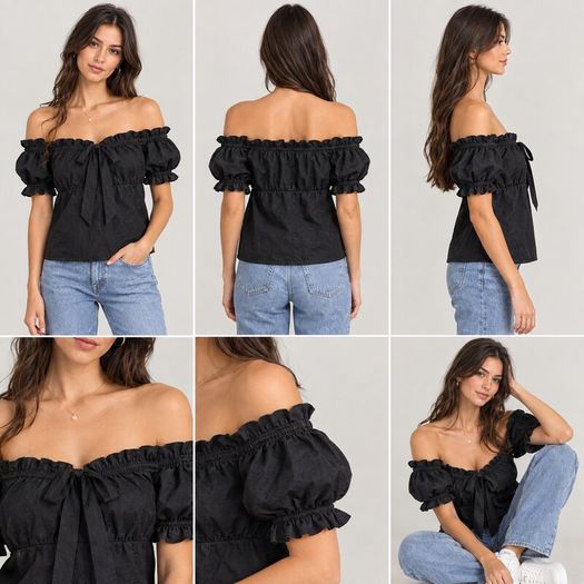 Blusa negra con hombros descubiertos, volantes y mangas abullonadas - Image 3