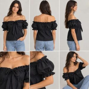 Blusa negra con hombros descubiertos, volantes y mangas abullonadas